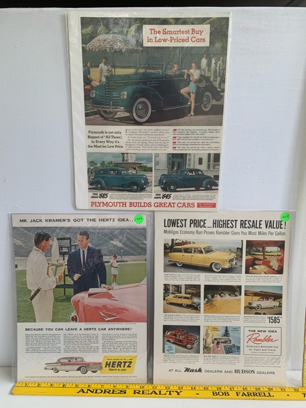 Vintage Car Advertisement Trio - Green & Yellow Classics